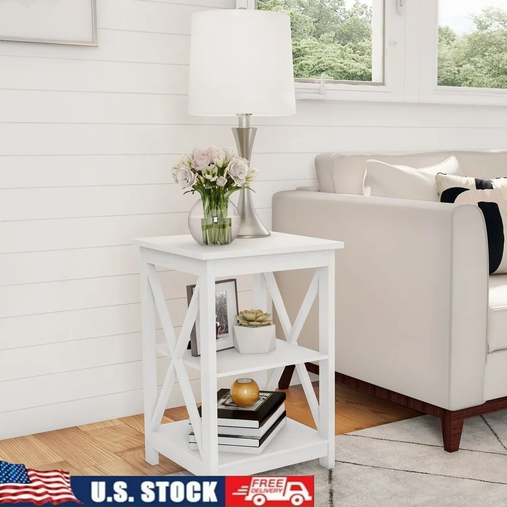 

Chic Wooden End Table with Two Shelves X-Shaped Design Versatile Storage Table Living Room Bedroom Office