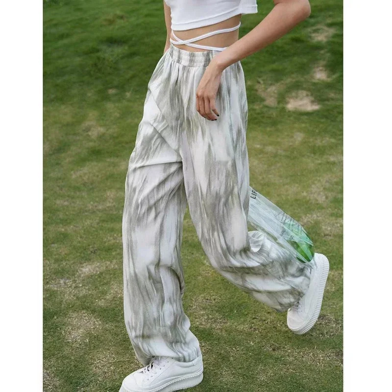 Women Pants 2025 Summer Green Gradient Tie-dye Casual Loose Ice Cool Straight High Waist Draped Wide Leg Pant Female