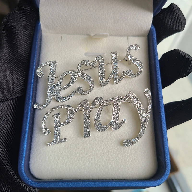 Grandbling Unique Design Jesus Pray Brooch Rhinestone Words Pins Birthday Day Party Gift for Cloth Decoraction