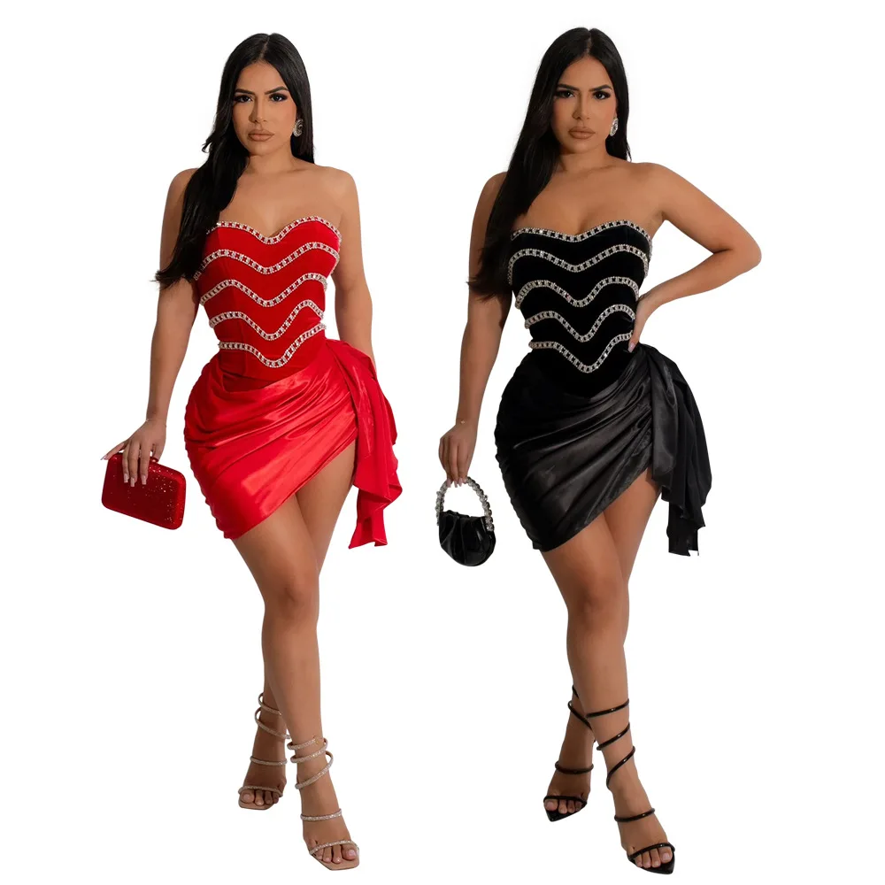 

Irregular solid color rhinestone short dress with strapless design for women's foreign trade, slim fit and hip hugging style