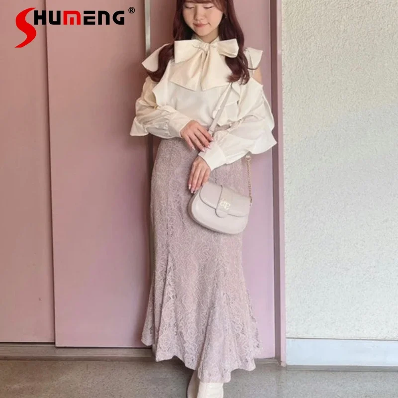 Japanese Rojita Style Solid Color Lace Fishtail Hip Skirt High Waist Slimming Temperament Long Y2k Kawaii Skirts Women's Clothes