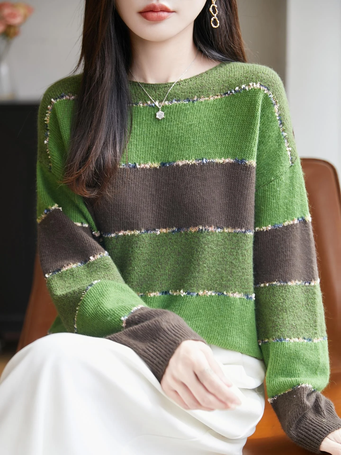 

Heavyweight Knitted Wool Sweater round Ne Loose Fit Color Blo Tassel Autumn Winter Women's Faion Basic Layering Top