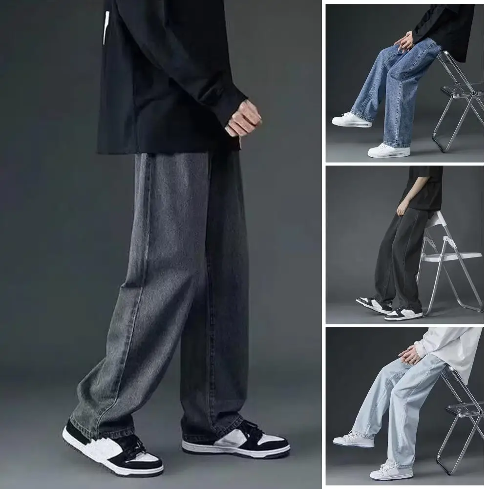 2024 Korean Men's Casual Long Jeans Classic Man Straight Denim Wide-leg Pants Solid Color Light Blue Grey Black Outdoor Travel