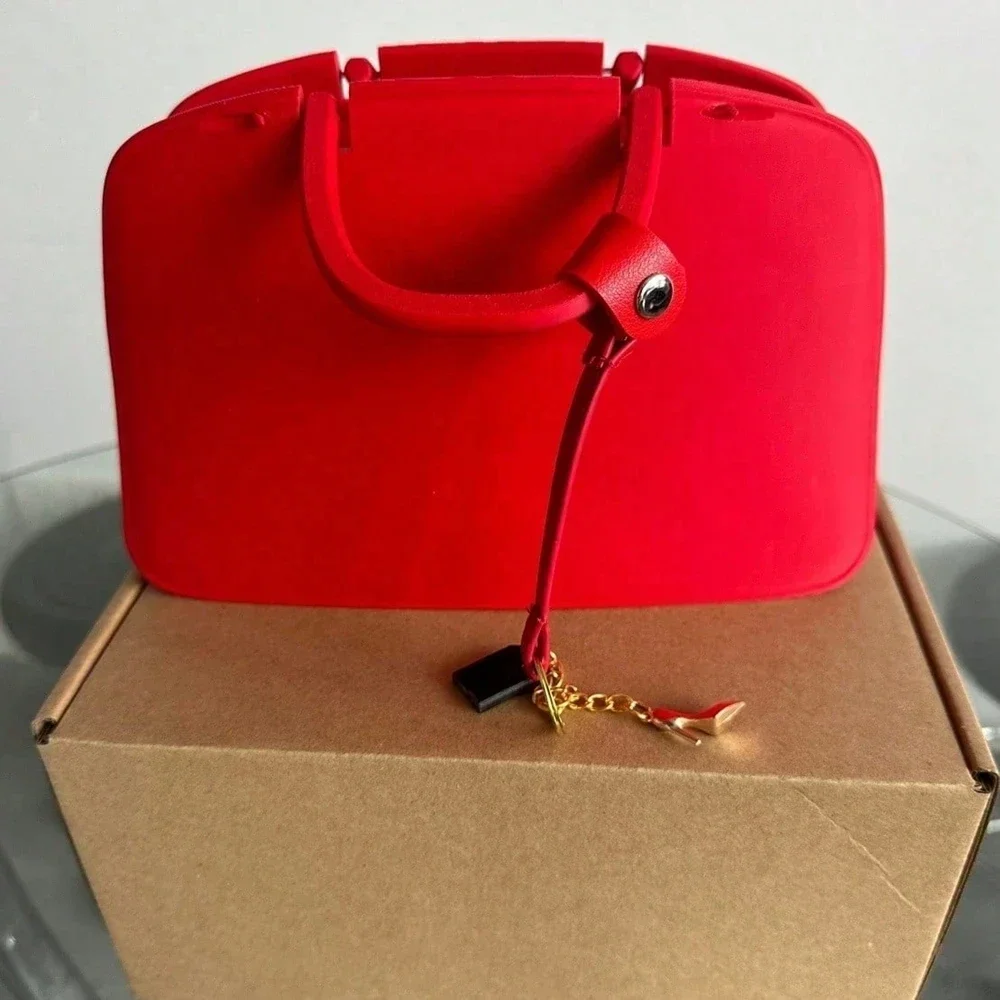 Red Tote Bag With Queen Leather Surface Popcorn Bucket Vintage Boston Bag With Hanging Decorations Movie Nights Streets Style