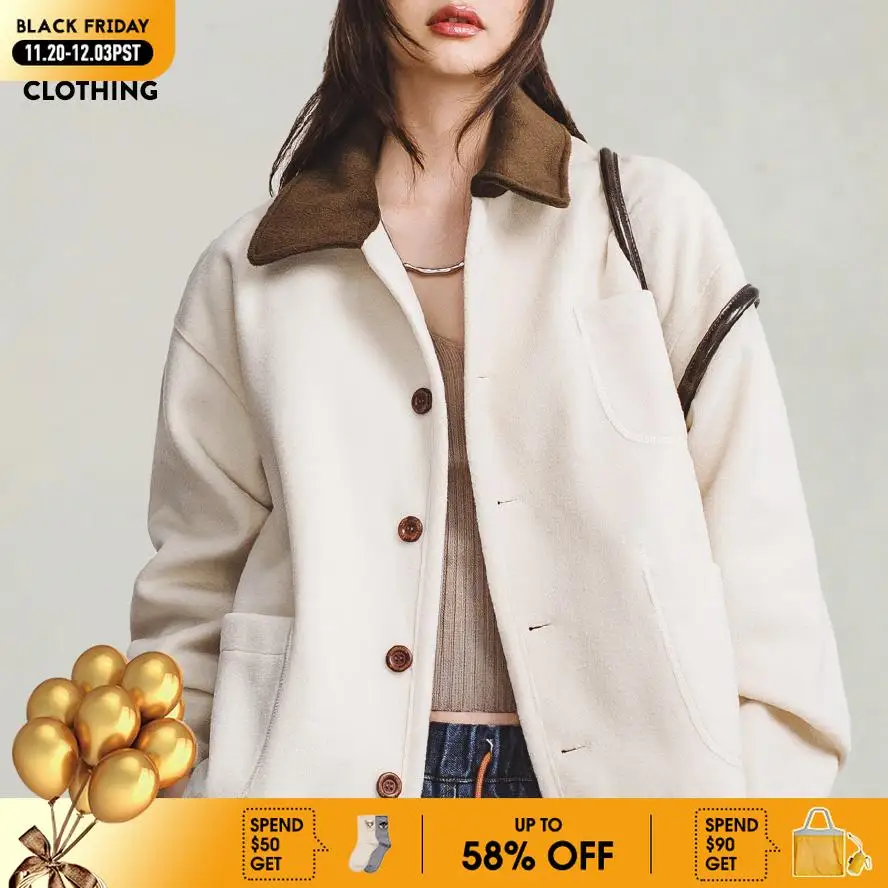 

Maden Ретро белое шерстяное пальто с лацканами, повседневное короткое пальто, универсальная однобортная верхняя одежда для женщин, осенне-зимняя куртка