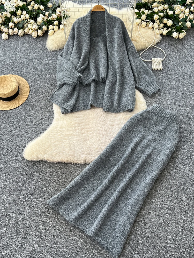 

Laid-ba Sle Women's Tee-piece Set Svel Knitted Vest Loose Long-sve Outerwear High-waisted Skirt Casual Wear