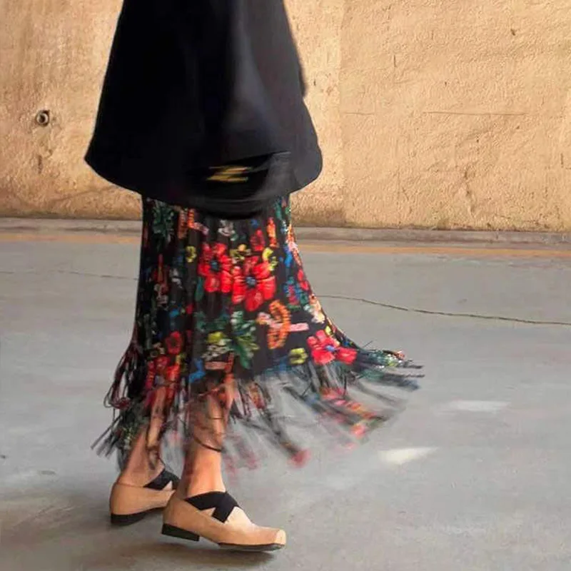 Miyake Style High-End Fashion Tassel Skirt Women's Summer 2023 New Slim Fit Waist-Controlled Slim Pleated Printed Skirt Women