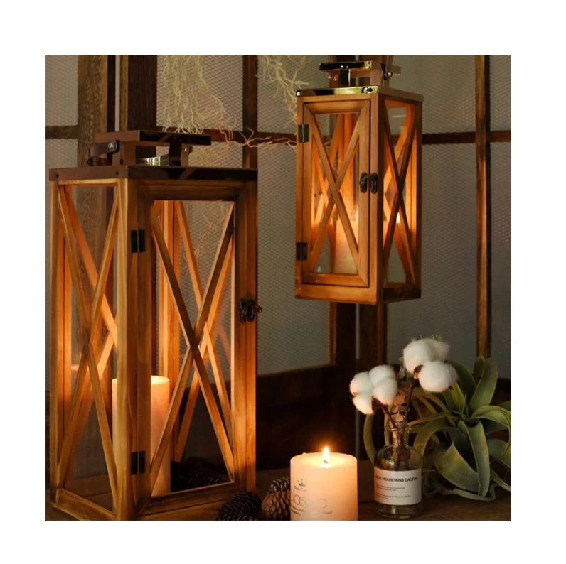 Wholesale Home Decor Metal Wood Glass Black Pillar Candle Lantern Holders Lanterns and Candle Outdoor Garden Decor
