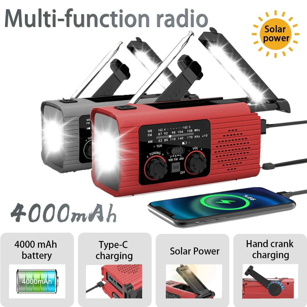 4000 mAh Portable Radio Outdoor Emergency Flashlight SOS Alarm Radio FM/AM Available Rechargeable Radio USB Solar Charging Radio