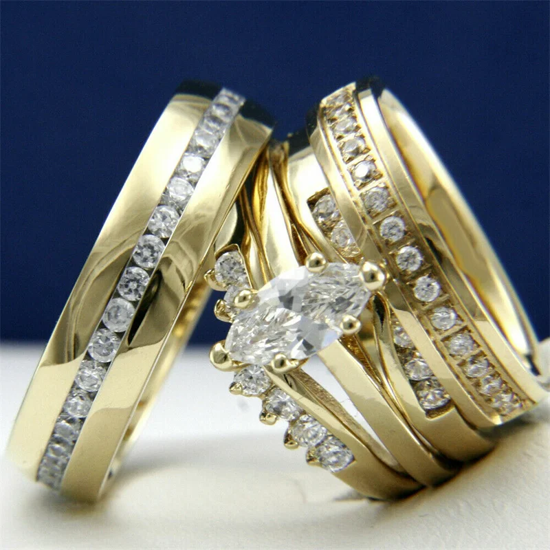 CAOSHI Gorgeous Gold Color Promise Rings for Couples Luxury Wedding Bands Accessories with Bright Zirconia Trendy Finger Jewelry