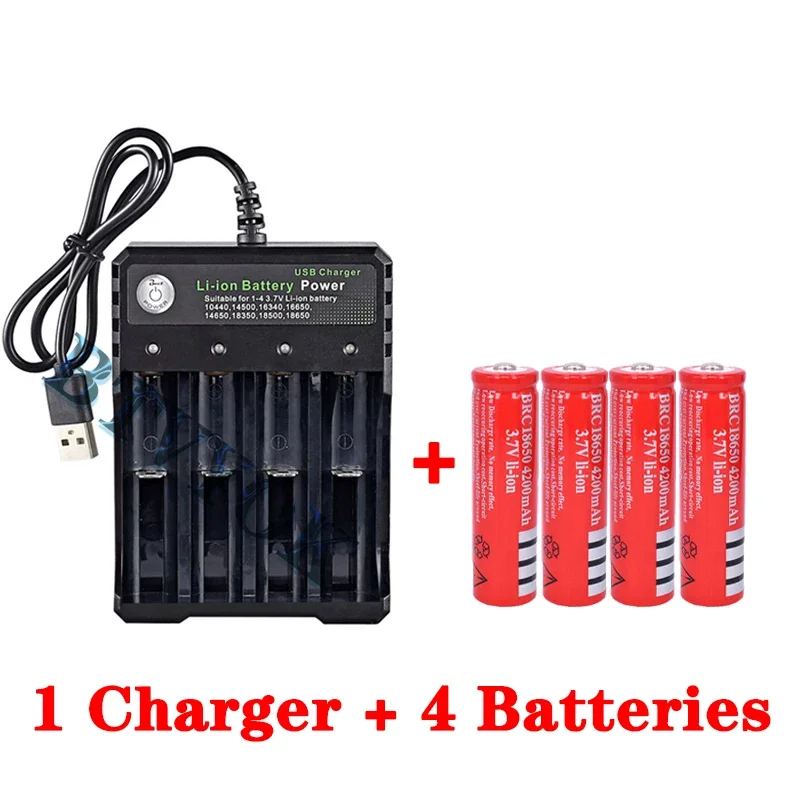 3.7V Li-Ion 4200mAh High Capacity Rechargeable Battery 18650 Battery for LED Torch + 4 Slot Smart Charging USB Charger