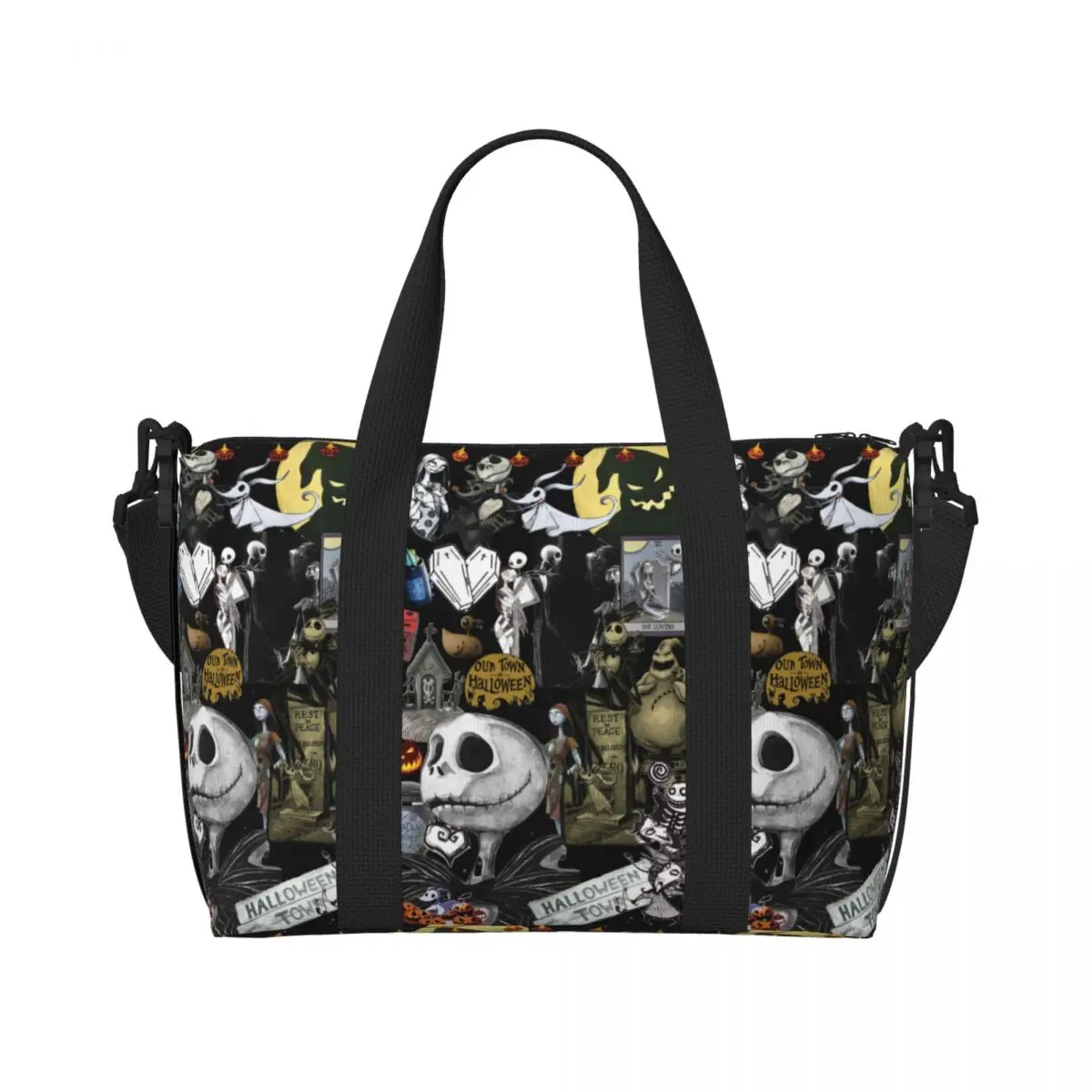 

Custom The Nightmare Before Christmas Beach Tote Bag for Women Extra Large Gym Carry On Jack Skellington Travel Shopping Bags