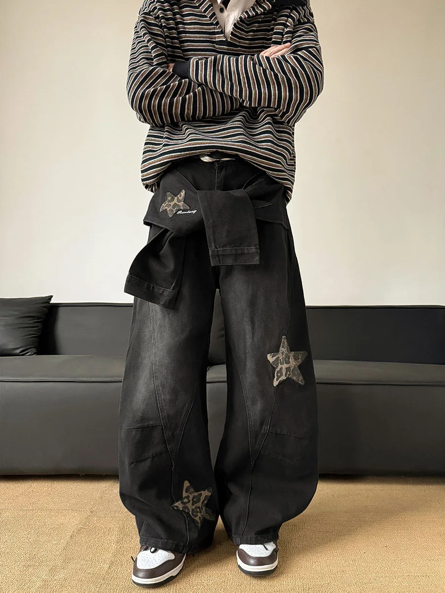 

Men's Straight Leg Jeans with Embroidered Patch Belt Ties Knife Design American Sle Trendy Brand Wide Leg Long Pants