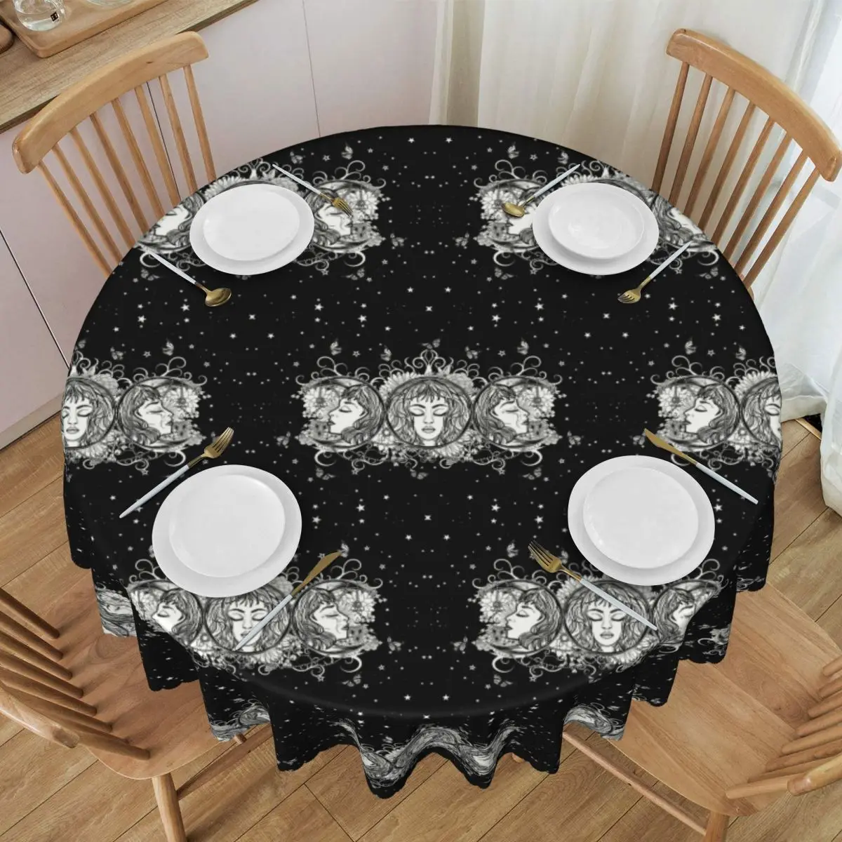 Maiden Mother Crone Tablecloth Round Waterproof Triple Moon Goddess Table Cover Cloth for Dining Room 60 inch