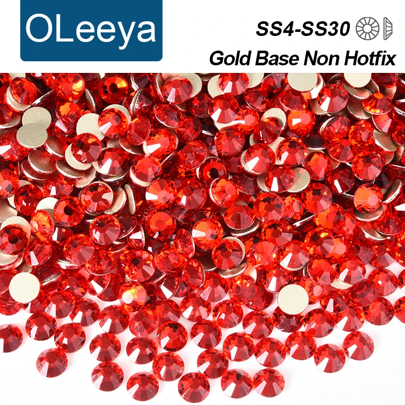 OLeeya Light Siam Flatback Crystal Glass Rhinestones Premium Gold Bottom Strass Stones For DIY Nail Art Crafts Decorations