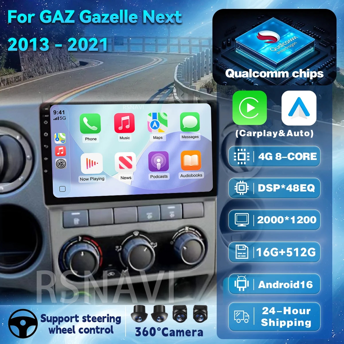 Rádio Multimídia Automotivo Android 16 Qualcomm para GAZ Gazelle Next 2016 com Carplay Sem Fio, Estéreo Automotivo DSP 2Din e Navegação