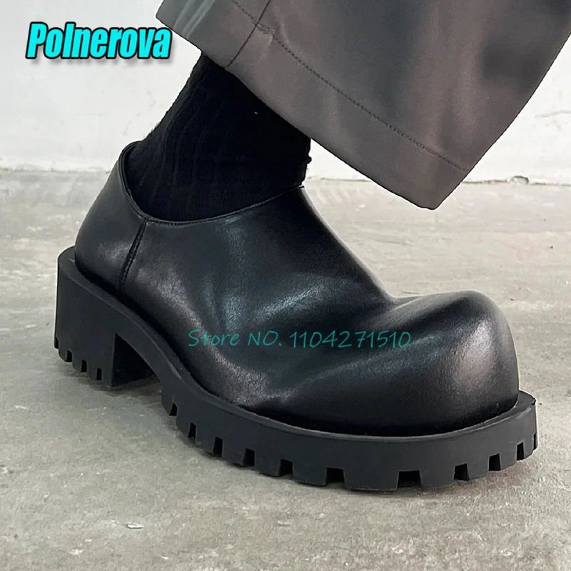 Big Round Toe Thick Soled Shoes for Men Women British Style Black Leather Slip-On Derby Shoes Fashion Versatile Couple Shoes