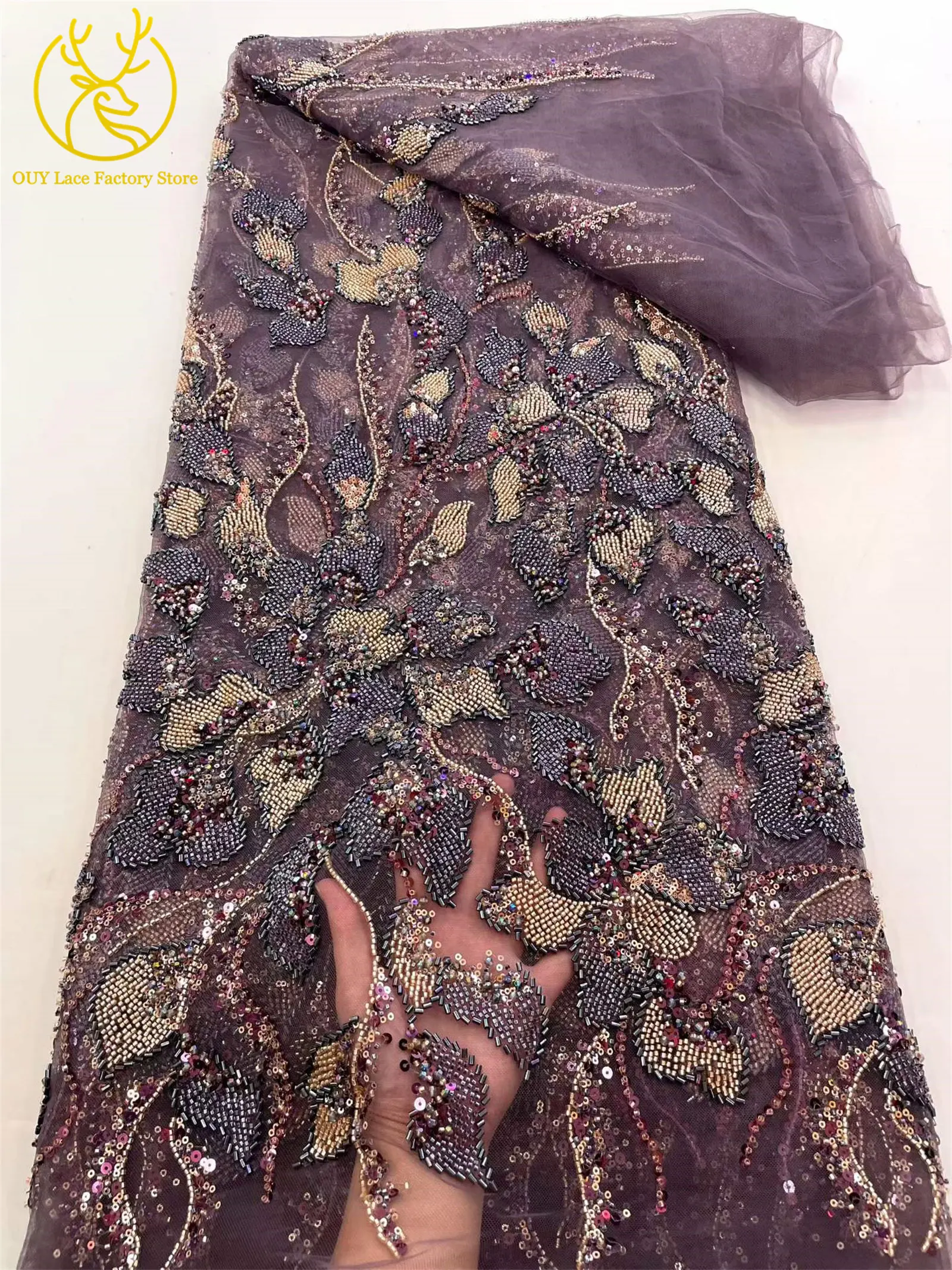 Heiß begehrter französischer Stickerei-Spitzenstoff mit Perlen und Pailletten, 5 Yards, afrikanischer Spitzenstoff, nigerianische Spitze für Brautkleider und Hochzeitsfeiern – Detail 7