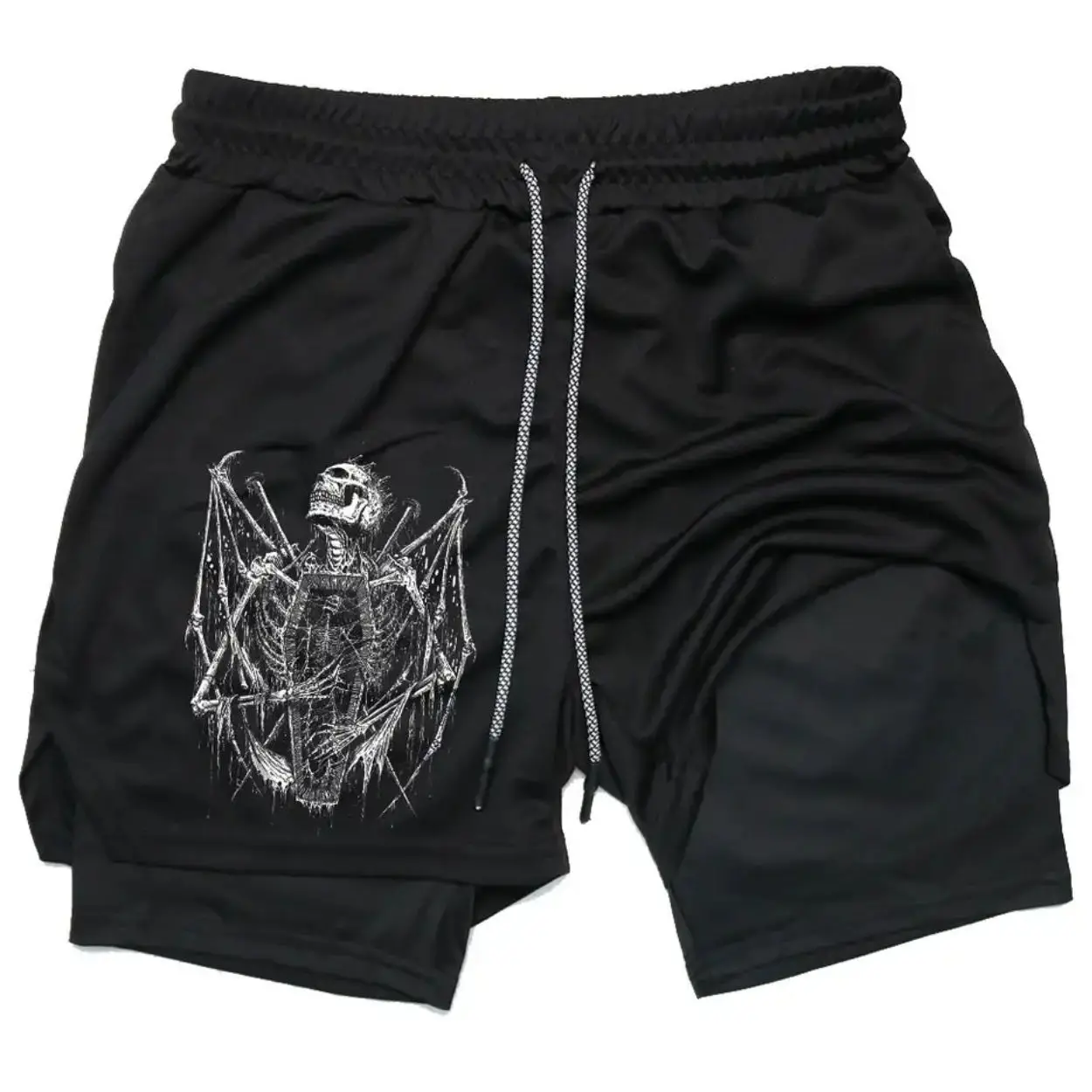 

​​white Mens Sport Shorts with Minimalist Black Print Inner Black Layer Anime Character Blue Pink Hair Design Two Layer Elastic