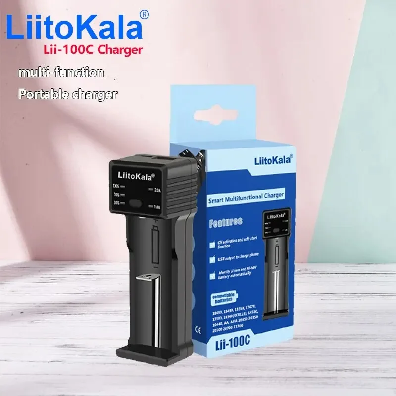 LiitoKala inteligente Charger Lii-100C 2A USB output for 21700 18650 18350 26650 16340 14500 3.7V 1.2V Ni-MH Ni-Cd