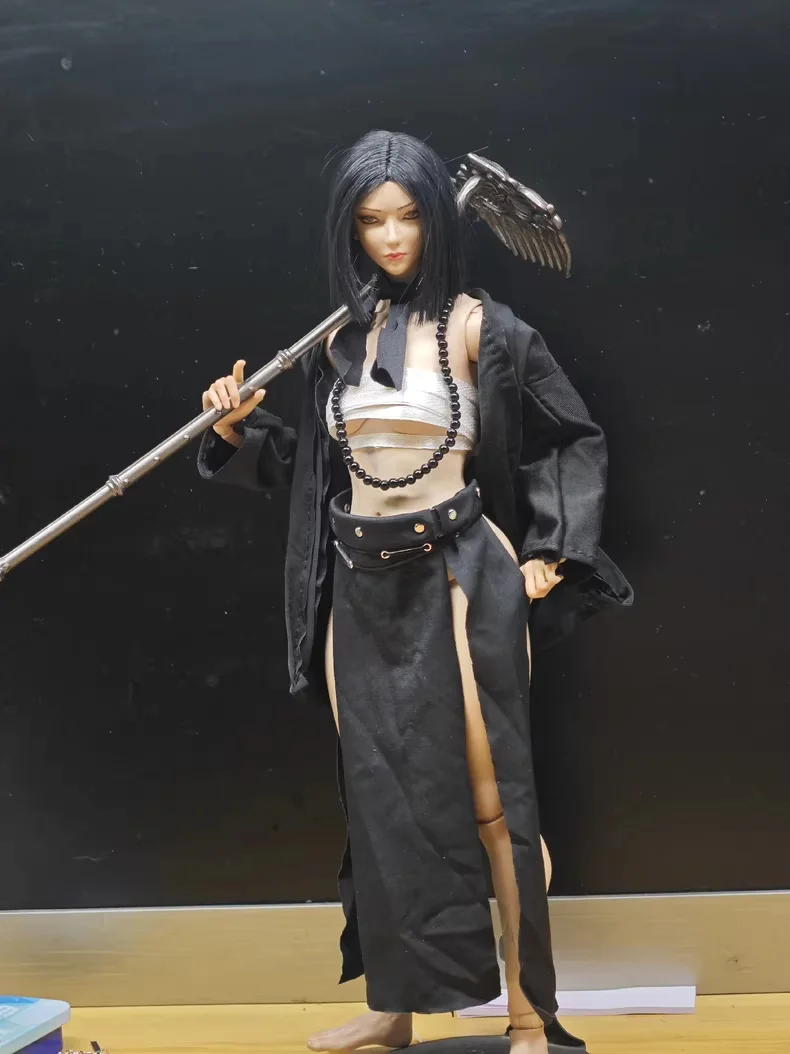 1/6 Scale Female Soldier Cos Black Bajie ClothesSet Tie Silk Braid Corset Black Robe with Mini Rake Model for 12