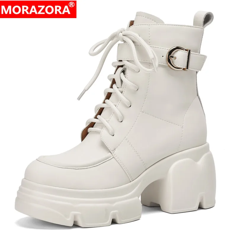 

MORAZORA 2024 New Genuine Leather Boots Women Solid Color Buckle Lace Up Platform Boots Autumn Winter Ladies Ankle Boots