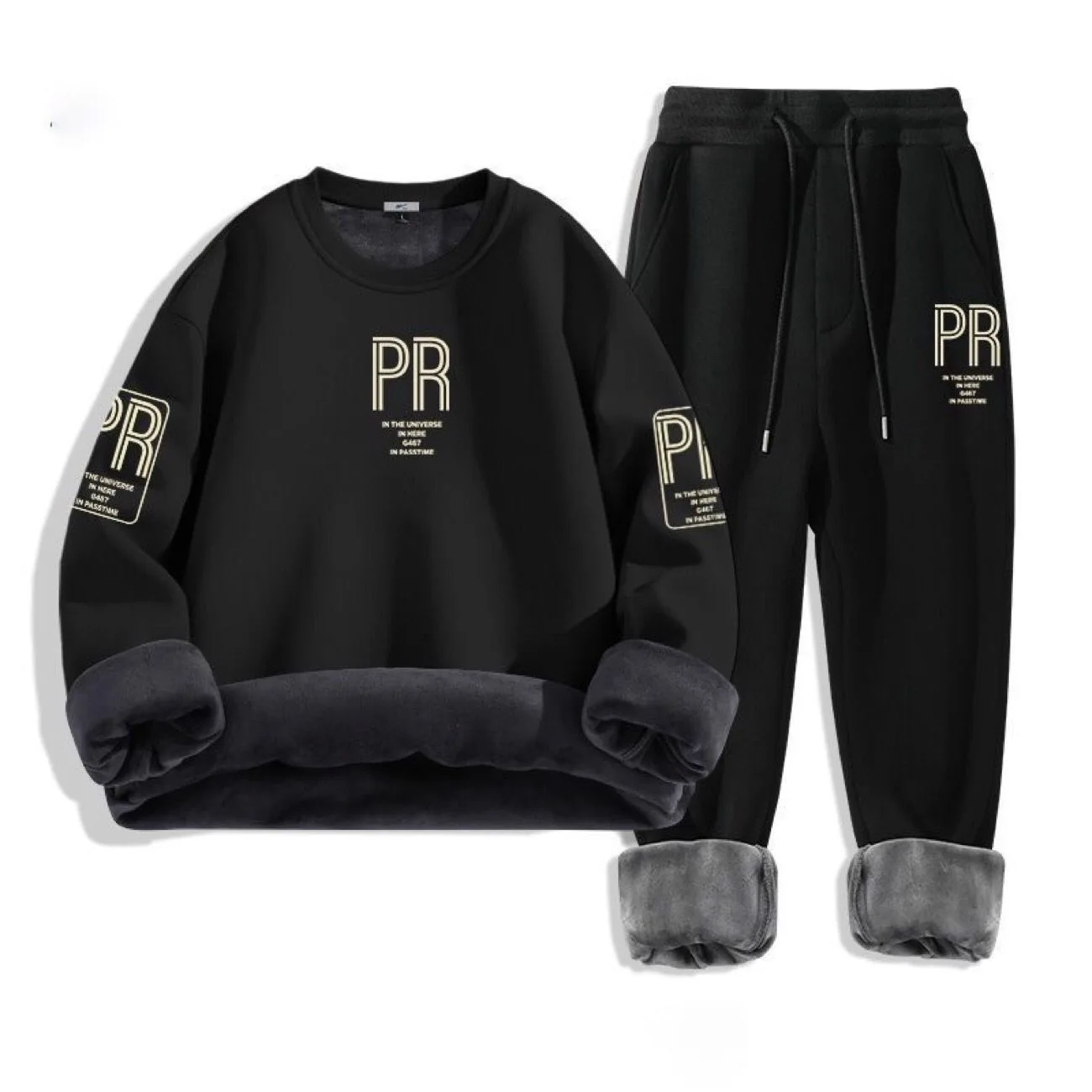 Winter New Fashion Trend Printed and Plush Thick Warm Suit Men's Casual Loose Sports Plus Large Size High-Quality Two-Piece Set
