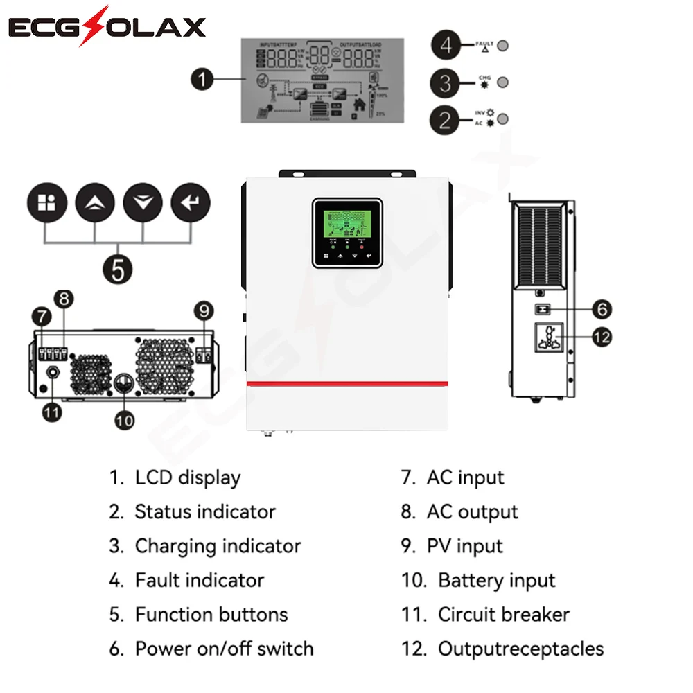 ECGSOLAX 12V 24V 220V Off Grid Pure Sine Inverter Build in 80A MPPT Solar Charge Controller 1000W 1500W Hybrid Solar Inverter