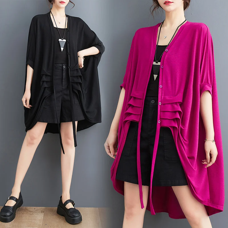 #3406 Black Red Kimono Coat Women Batwing Sleeve Loose Thin Irregular Streetwear Womens Jackets And Coats V-neck Buttons Summer