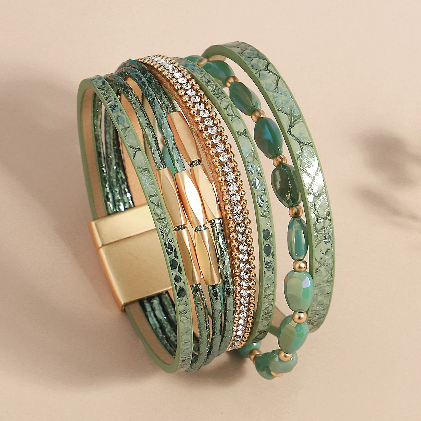 

Amorcome Bohemian Leather Wrap Multi Layer Statement Bracelet Strands Crystal Beads Rhinestone Cuff Bracelets Wrap Hand Jewelry