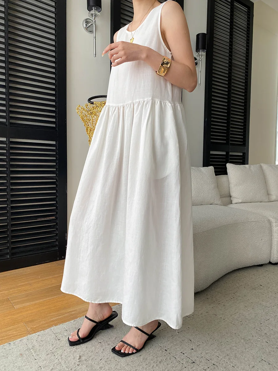 Sommerliches, lässiges, einfarbiges, ärmelloses Patchwork-Kleid mit Rundhalsausschnitt für Damen – Detail 9