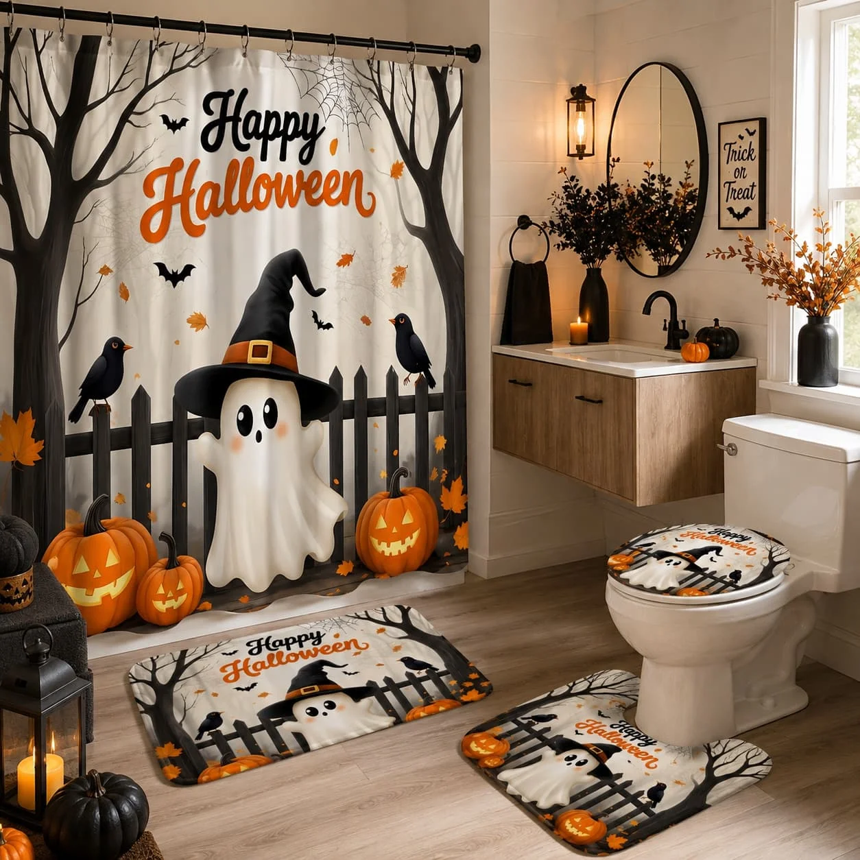 4pcs Halloween-Themed Shower Curtain Set Featuring Adorable Ghost Designs, Complete with Spooky Cartoon Ghosts, Bats, Pumpkins, And a Crow.This Fabric Shower Curtain Comes with a And 12 Hooks, Perfect for Bathroom Decor And Additions