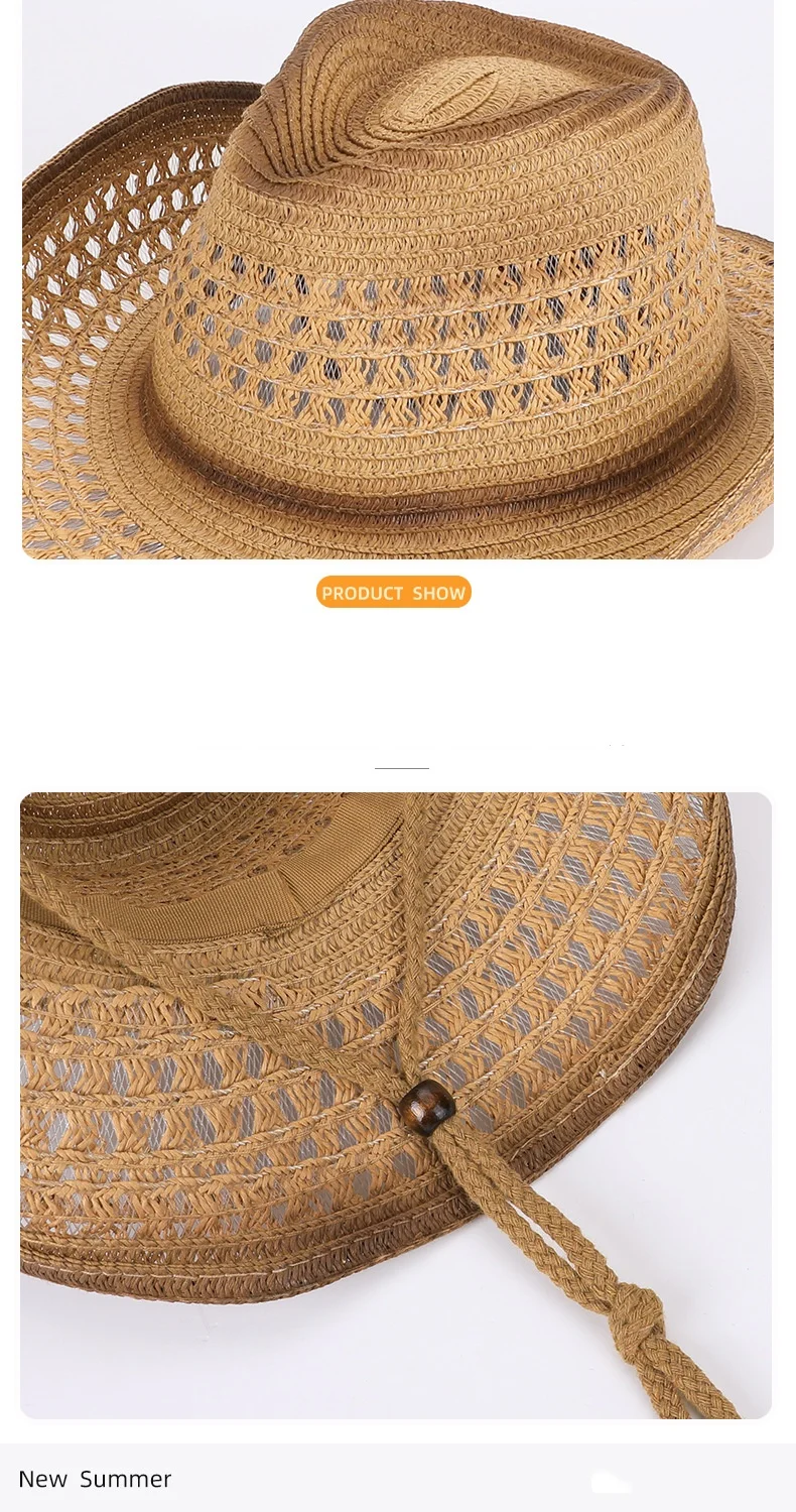 Atmungsaktiver, luftdurchlässiger Strohhut aus gewebtem Denim mit schwarzem Rand und Kontrastfarben, mit winddichtem Riemen, geeignet für den Sonnenschutz am Strand, unisex, ideales Geschenk für den Urlaub. – Detail 3