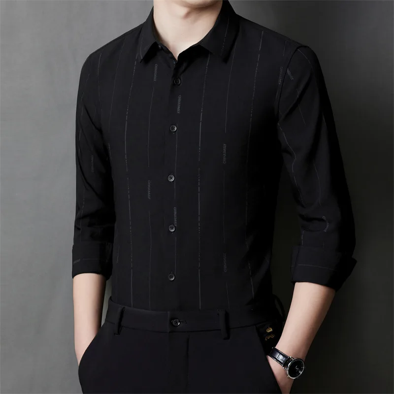 Camisa de vestir a rayas de alta calidad para hombre, camisas formales de manga larga, informales, de negocios, sin hierro, de corte estándar, para boda, oficina y redes sociales