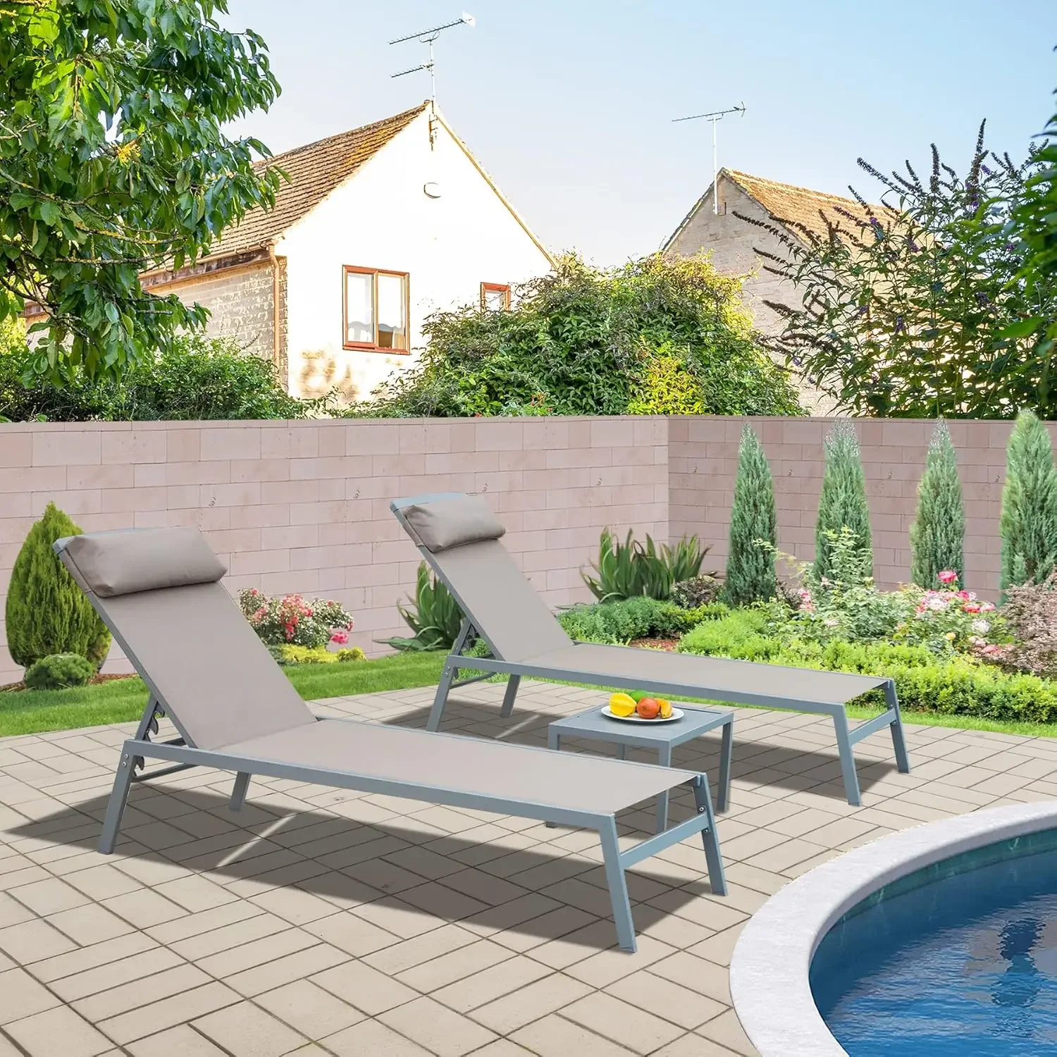 [متجر هيلونج] مجموعة كراسي صالة تشيس مكونة من 3 قطع، كراسي صالة من الألومنيوم مع 5 أوضاع قابلة للتعديل، صالة تشيس خارجية لحمام السباحة، سطح السفينة،