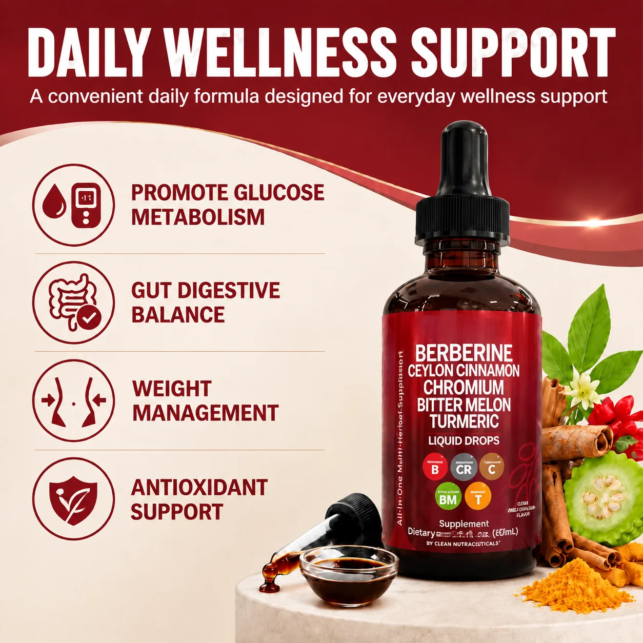 Berberine Liquid Drops Promote Glucose Metabolism&Gut Digestive Balance & Weight Management Ceylon Cinnamon 60ml for Blood Sugar