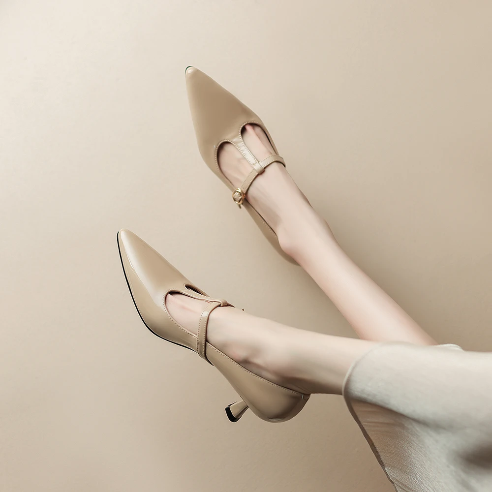 2026 Autumn Geniune Leather Women Pumps T-strap High Heels Wide Fit Lady Shoes Big Small Plus Size 10 31 44 47 Pointed Toe