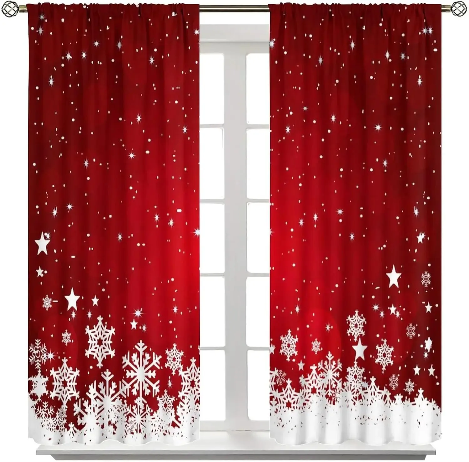 2PCS Digital Print Curtain, Red Background with White Snowflakes and Stars, Minimalist Winter Christmas, for Window Home Decor