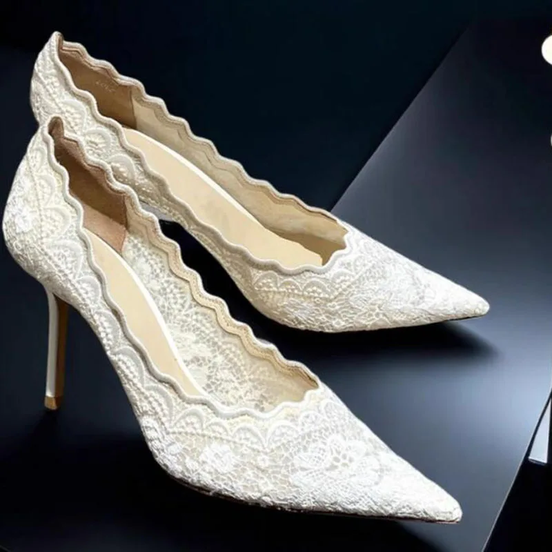 

White Red Floral Lace Wedding Pumps Thin High-Heeled Pointed Toe All Match Party Shoes Zapatos Woman Flower Lace High Heels