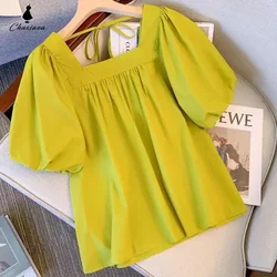 CHAXIAOA Blouses Women Summer Trendy Korean Style Simple Puff Sleeve Loose Sweet Folds Square Collar Casual Fashion Tees