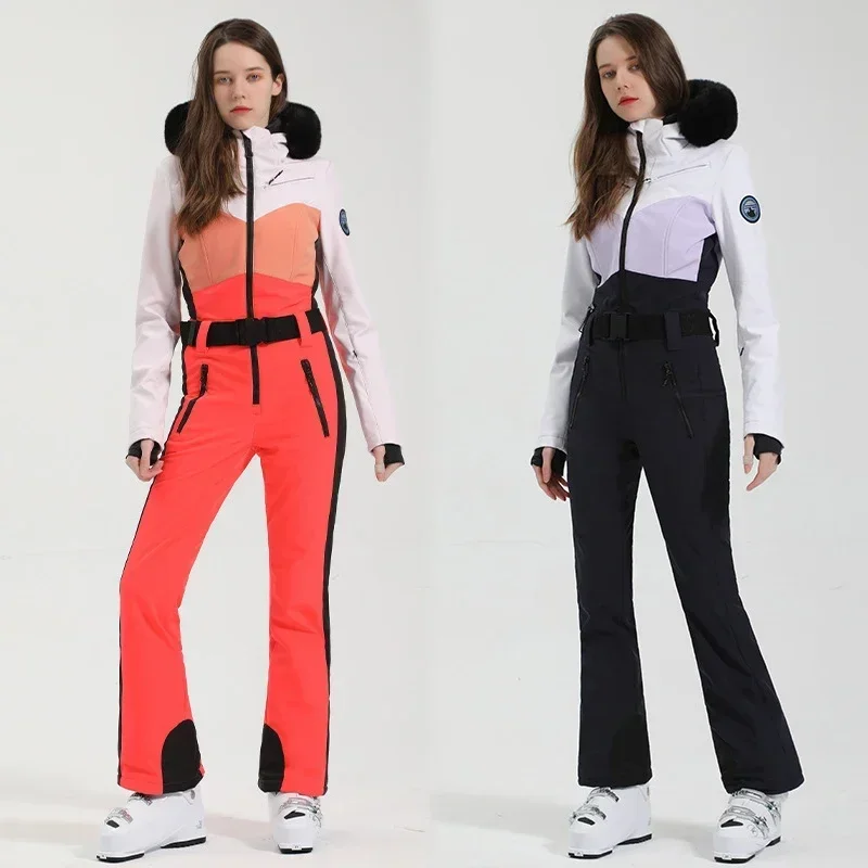 2025 Winter One-Piece Ski Suit Women Slim Outdoor Snowboarding Jacket Warm Waist Skiing Set Jumpsuits Windproof Waterproof