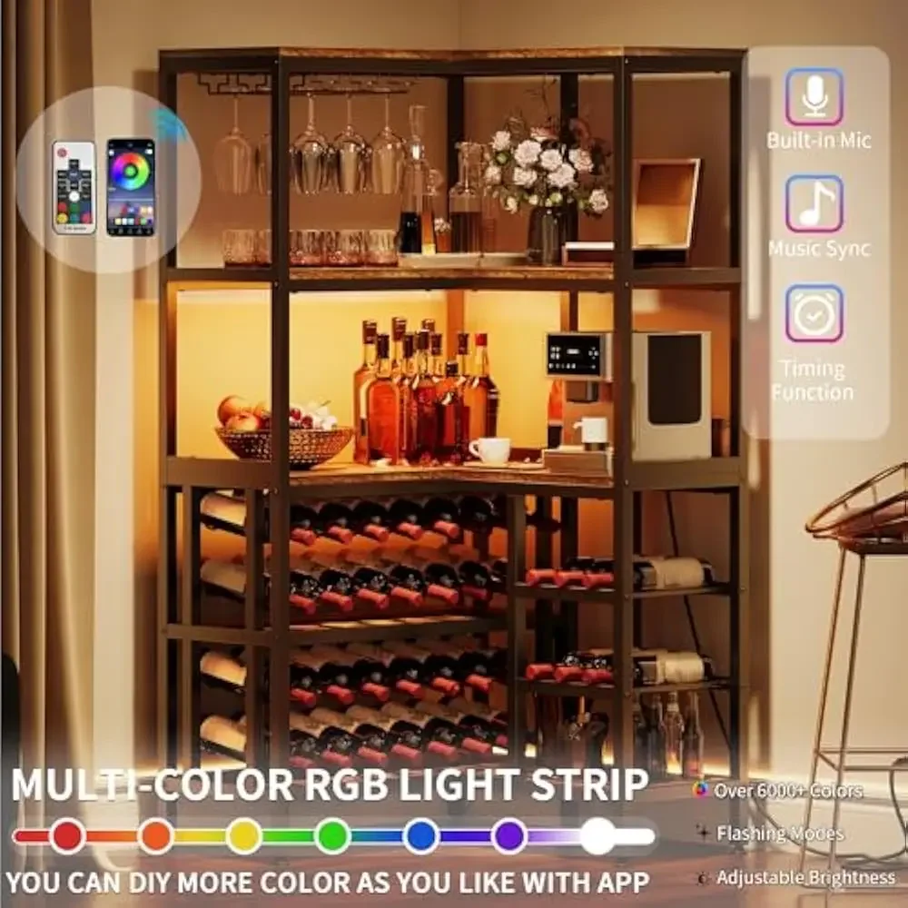 Rack de vinho de canto grande de 63 '', armário de barra de canto com tomada de energia e luz LED, armários de licor em forma de L de 5 camadas com suporte de vidro