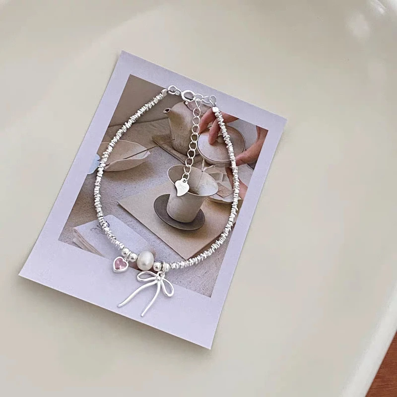 

Стерлингового Серебра 925, милый милый розовый браслет с сердечком и цирконием, корейская версия, модные изысканные ювелирные изделия, подарок для женщин