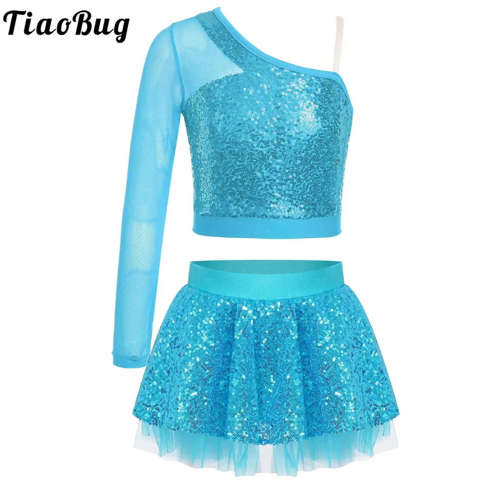 Kids Girls Hip Hop Jazz Dance Cheerleading Costume Sequins One Shoulder Crop Top with Ruffled Skirt Sets Performance Dancewear