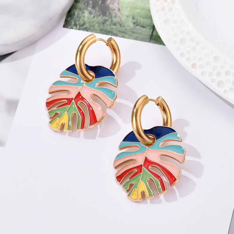 

Fashion Colorful Leaf Pendant Gold Color Stainless Steel Earrings For Women Jewelry Vintage Statement Enamel Round Hoop Earrings