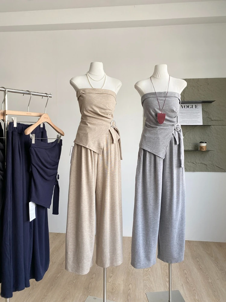 

Spring New Solid Color Elegant Two Piec Set Women High End Off Shoulder Split Design Sense Top+High Waist Casual Pants Set