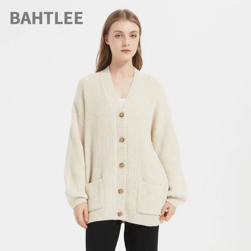 

BAHTLEE-Women's V-neck Knitted Cardigan, Wool Coat, Medium Style, Long Sleeves, Winter