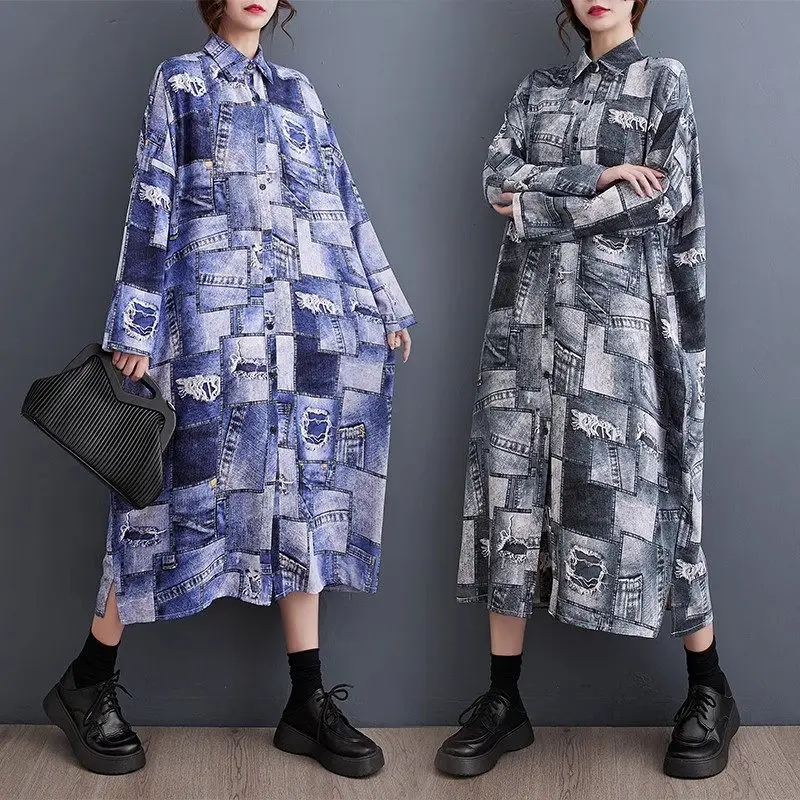 

Design Shirt Dress Long Vintage Women's 2023 Autumn Oversized Fashion Bat Sleeve Versatile Printed Dress Casual Clothing z3096