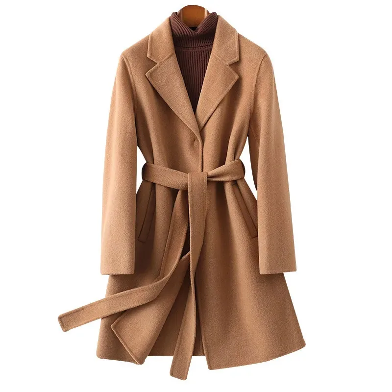 2025 Autumn Winter New Mid-Length Double-Faced Cashmere Coat Women Korean Slim Wool Jacket Female Fashion Woolen Overcoat B702