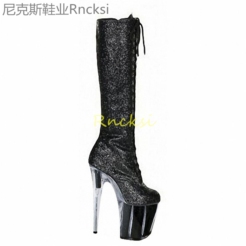 

20cm New pole dancing boots, black female boots, waterproof platform, ultra-high heel catwalk boots, thin heel high boots